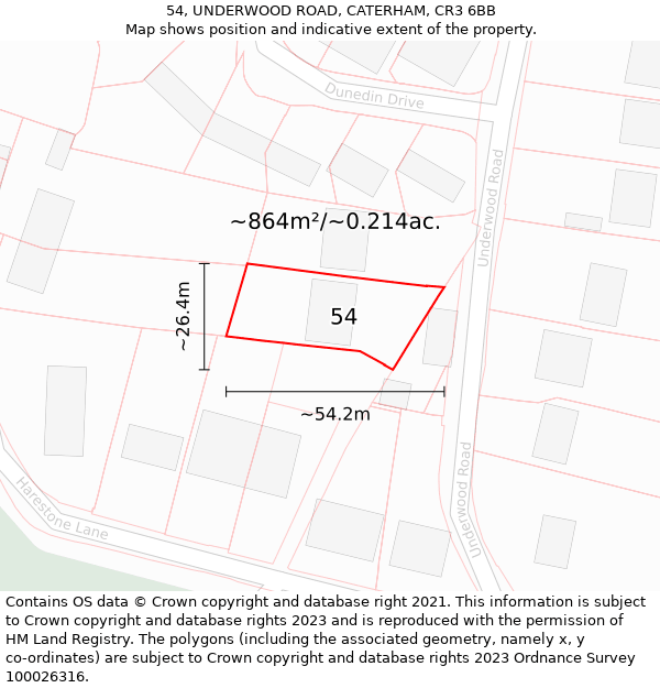 54, UNDERWOOD ROAD, CATERHAM, CR3 6BB: Plot and title map