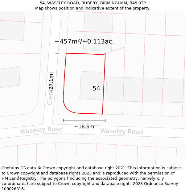 54, WASELEY ROAD, RUBERY, BIRMINGHAM, B45 9TP: Plot and title map