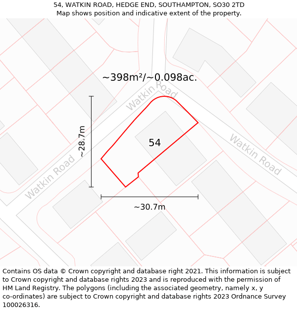 54, WATKIN ROAD, HEDGE END, SOUTHAMPTON, SO30 2TD: Plot and title map