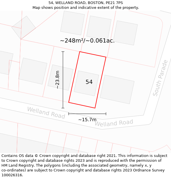 54, WELLAND ROAD, BOSTON, PE21 7PS: Plot and title map