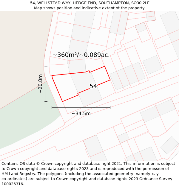 54, WELLSTEAD WAY, HEDGE END, SOUTHAMPTON, SO30 2LE: Plot and title map