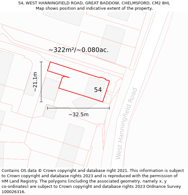 54, WEST HANNINGFIELD ROAD, GREAT BADDOW, CHELMSFORD, CM2 8HL: Plot and title map