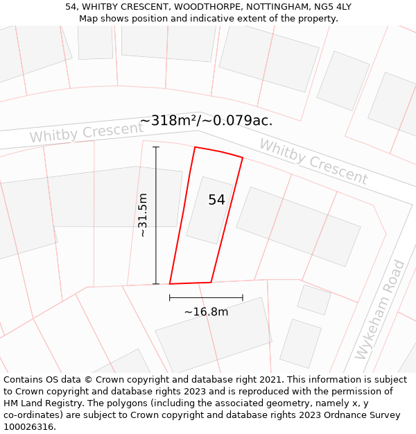 54, WHITBY CRESCENT, WOODTHORPE, NOTTINGHAM, NG5 4LY: Plot and title map