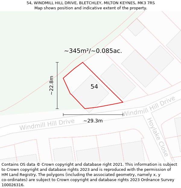 54, WINDMILL HILL DRIVE, BLETCHLEY, MILTON KEYNES, MK3 7RS: Plot and title map