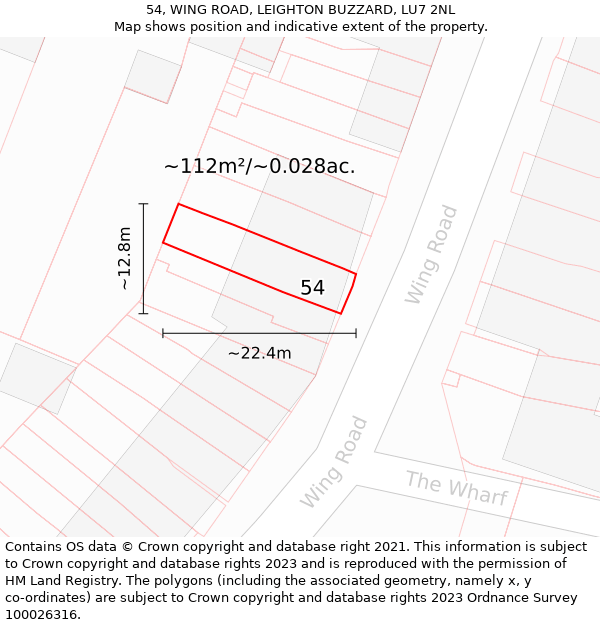 54, WING ROAD, LEIGHTON BUZZARD, LU7 2NL: Plot and title map