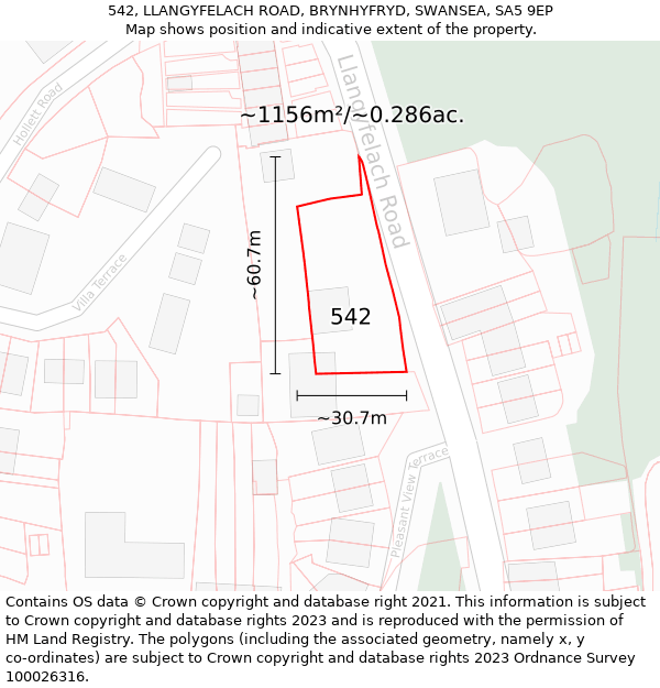 542, LLANGYFELACH ROAD, BRYNHYFRYD, SWANSEA, SA5 9EP: Plot and title map