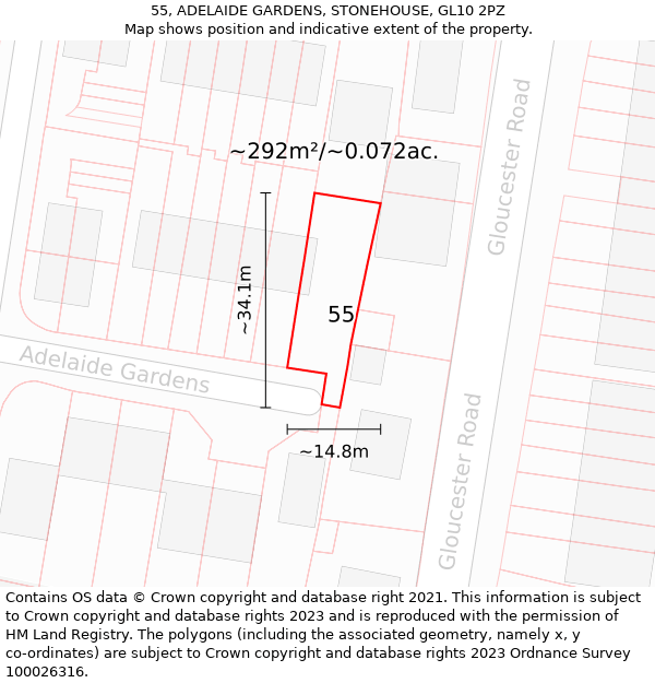 55, ADELAIDE GARDENS, STONEHOUSE, GL10 2PZ: Plot and title map