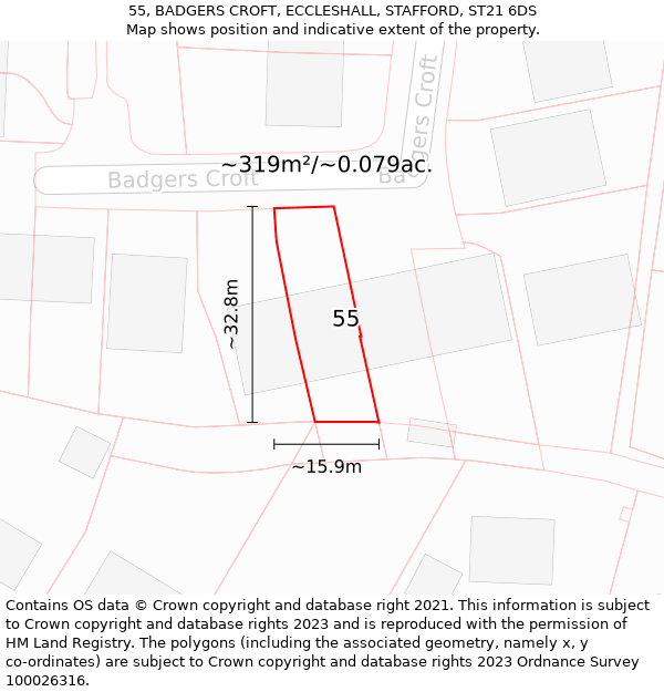 55, BADGERS CROFT, ECCLESHALL, STAFFORD, ST21 6DS: Plot and title map
