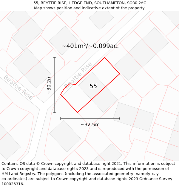 55, BEATTIE RISE, HEDGE END, SOUTHAMPTON, SO30 2AG: Plot and title map