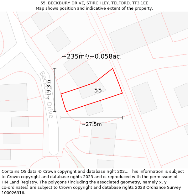 55, BECKBURY DRIVE, STIRCHLEY, TELFORD, TF3 1EE: Plot and title map