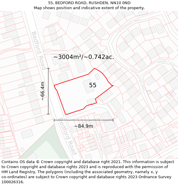 55, BEDFORD ROAD, RUSHDEN, NN10 0ND: Plot and title map