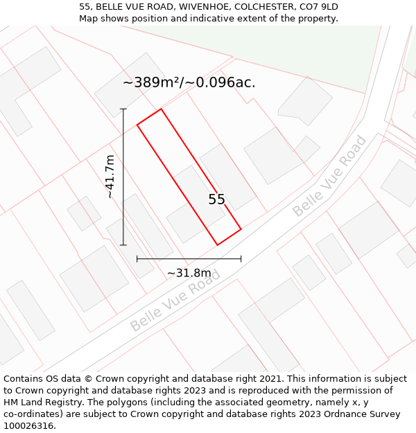 55, BELLE VUE ROAD, WIVENHOE, COLCHESTER, CO7 9LD: Plot and title map