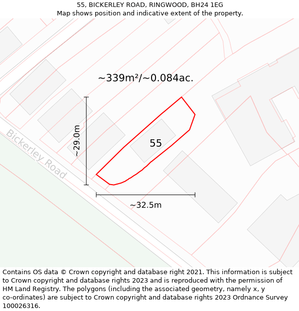 55, BICKERLEY ROAD, RINGWOOD, BH24 1EG: Plot and title map