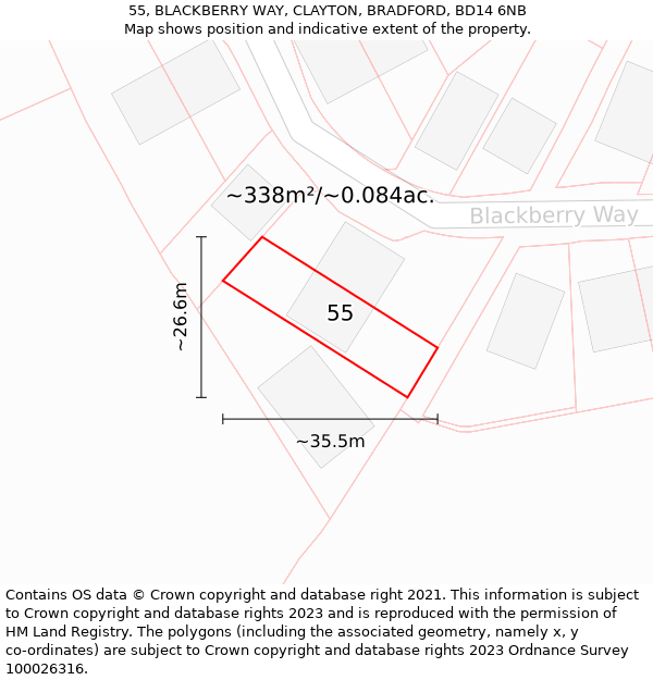 55, BLACKBERRY WAY, CLAYTON, BRADFORD, BD14 6NB: Plot and title map