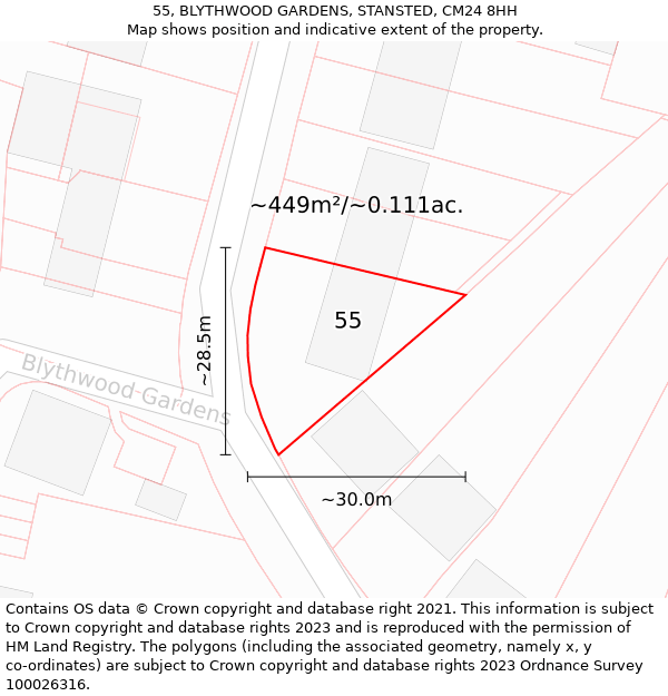 55, BLYTHWOOD GARDENS, STANSTED, CM24 8HH: Plot and title map