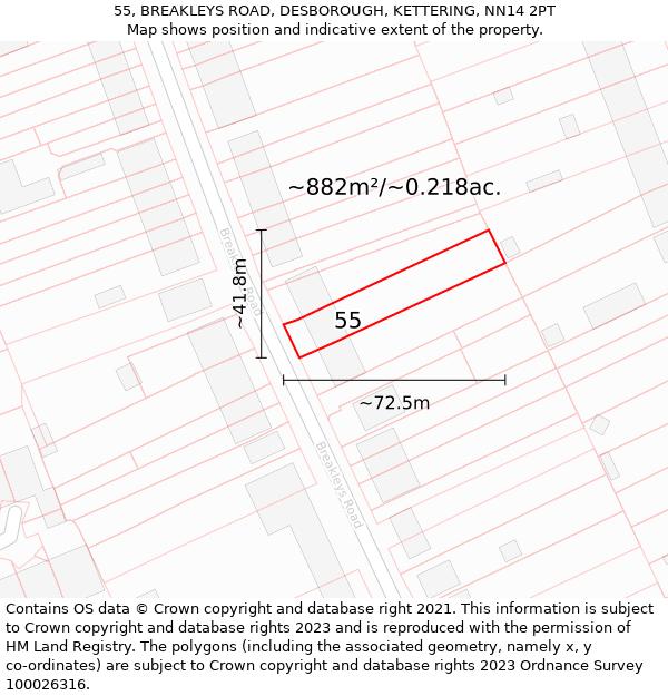 55, BREAKLEYS ROAD, DESBOROUGH, KETTERING, NN14 2PT: Plot and title map