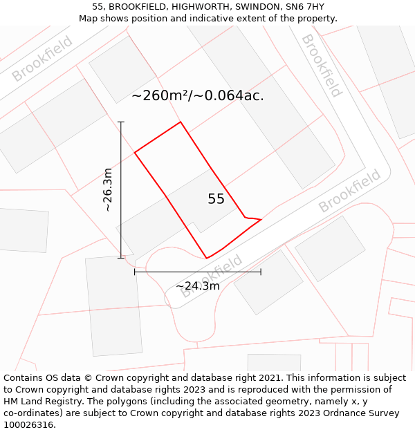 55, BROOKFIELD, HIGHWORTH, SWINDON, SN6 7HY: Plot and title map