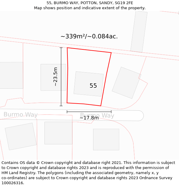 55, BURMO WAY, POTTON, SANDY, SG19 2FE: Plot and title map