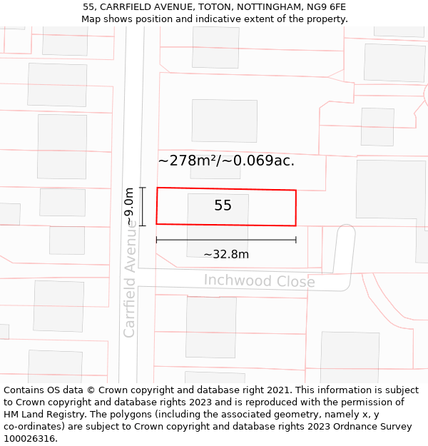 55, CARRFIELD AVENUE, TOTON, NOTTINGHAM, NG9 6FE: Plot and title map