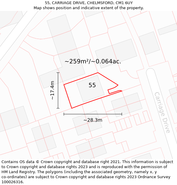 55, CARRIAGE DRIVE, CHELMSFORD, CM1 6UY: Plot and title map