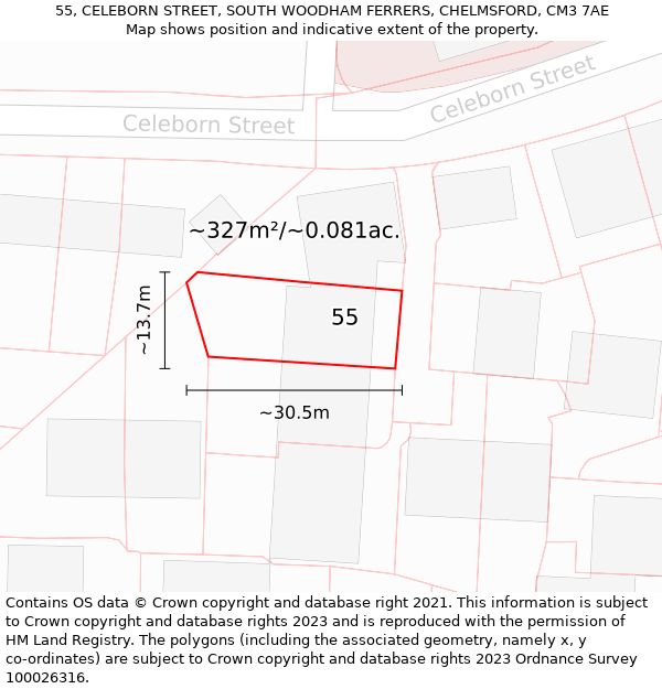 55, CELEBORN STREET, SOUTH WOODHAM FERRERS, CHELMSFORD, CM3 7AE: Plot and title map