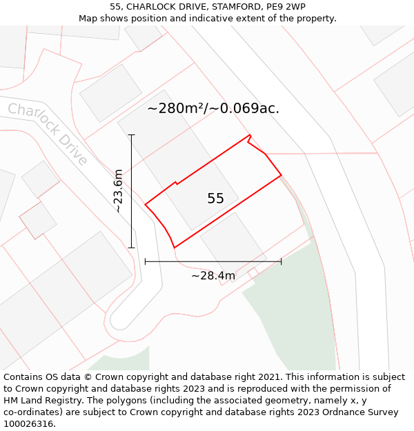 55, CHARLOCK DRIVE, STAMFORD, PE9 2WP: Plot and title map