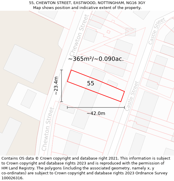55, CHEWTON STREET, EASTWOOD, NOTTINGHAM, NG16 3GY: Plot and title map