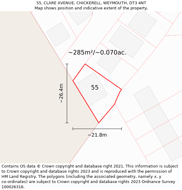 55, CLARE AVENUE, CHICKERELL, WEYMOUTH, DT3 4NT: Plot and title map