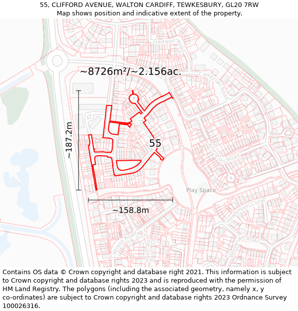 55, CLIFFORD AVENUE, WALTON CARDIFF, TEWKESBURY, GL20 7RW: Plot and title map