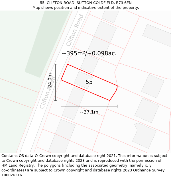 55, CLIFTON ROAD, SUTTON COLDFIELD, B73 6EN: Plot and title map