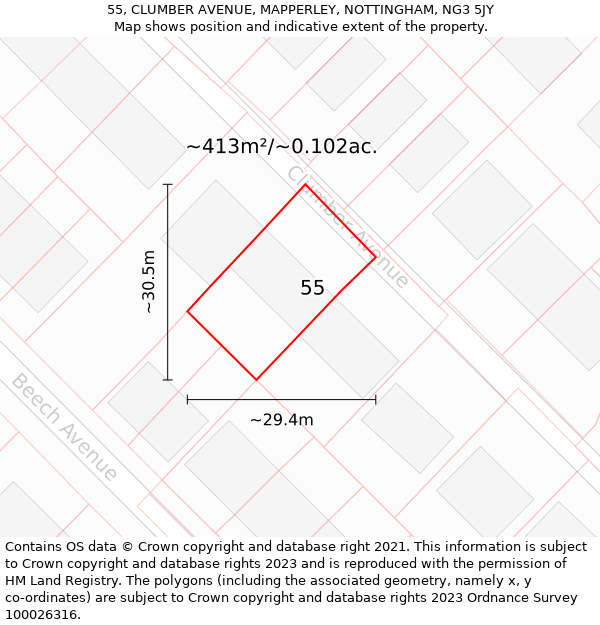 55, CLUMBER AVENUE, MAPPERLEY, NOTTINGHAM, NG3 5JY: Plot and title map