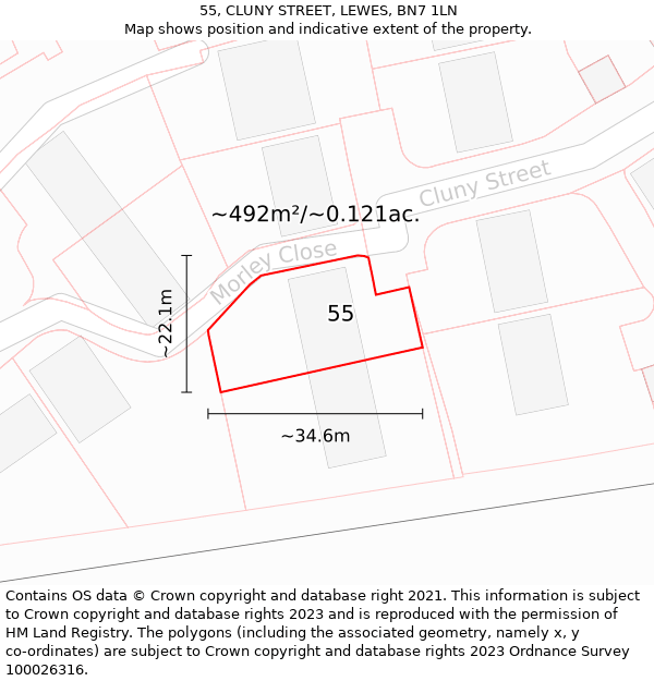 55, CLUNY STREET, LEWES, BN7 1LN: Plot and title map