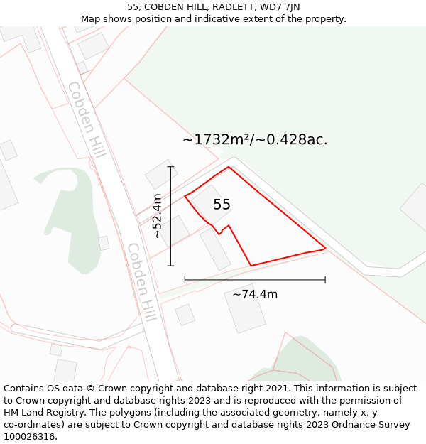 55, COBDEN HILL, RADLETT, WD7 7JN: Plot and title map