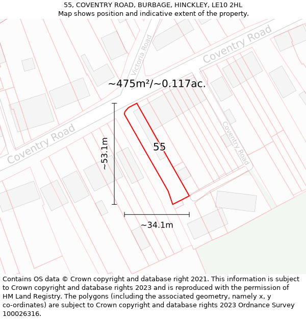 55, COVENTRY ROAD, BURBAGE, HINCKLEY, LE10 2HL: Plot and title map