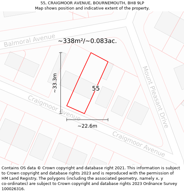 55, CRAIGMOOR AVENUE, BOURNEMOUTH, BH8 9LP: Plot and title map