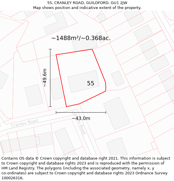 55, CRANLEY ROAD, GUILDFORD, GU1 2JW: Plot and title map