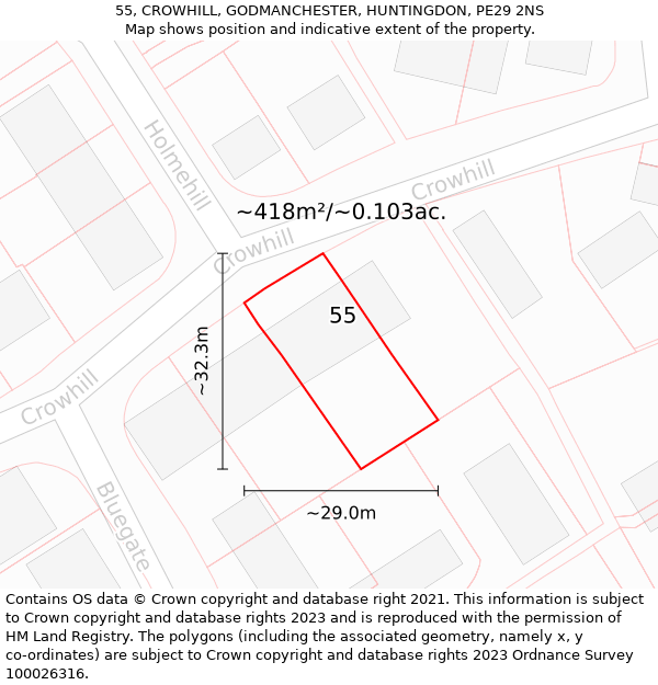 55, CROWHILL, GODMANCHESTER, HUNTINGDON, PE29 2NS: Plot and title map