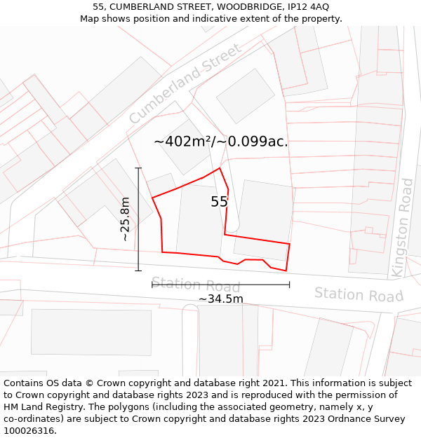 55, CUMBERLAND STREET, WOODBRIDGE, IP12 4AQ: Plot and title map