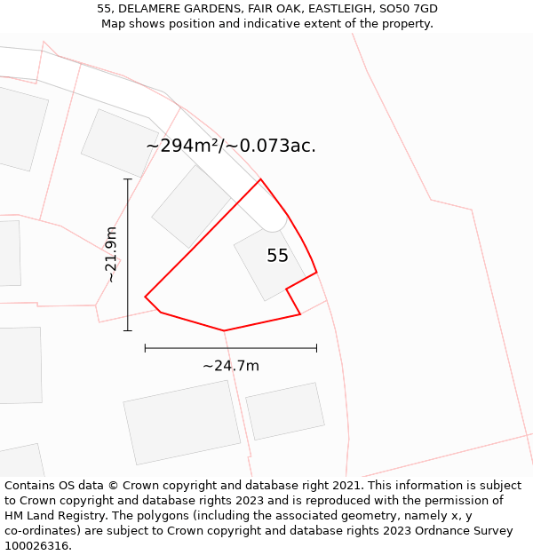 55, DELAMERE GARDENS, FAIR OAK, EASTLEIGH, SO50 7GD: Plot and title map