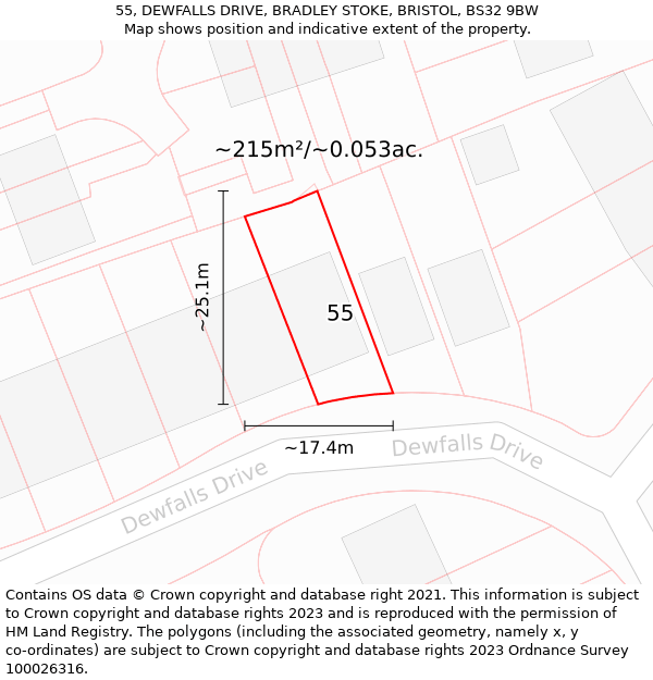 55, DEWFALLS DRIVE, BRADLEY STOKE, BRISTOL, BS32 9BW: Plot and title map