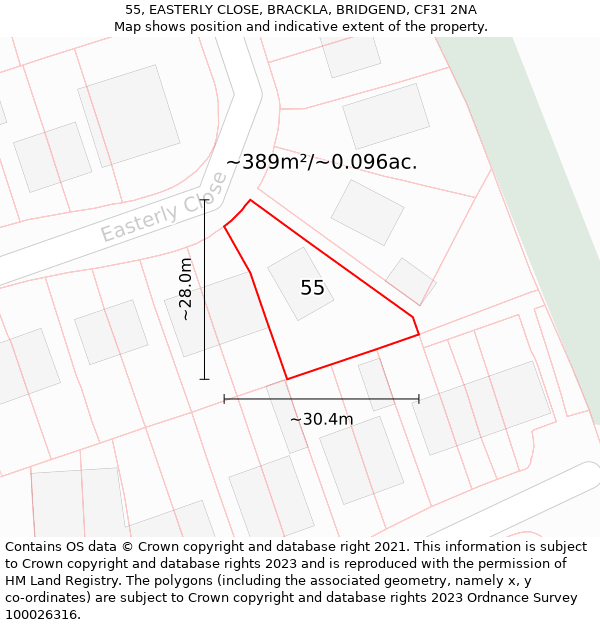 55, EASTERLY CLOSE, BRACKLA, BRIDGEND, CF31 2NA: Plot and title map