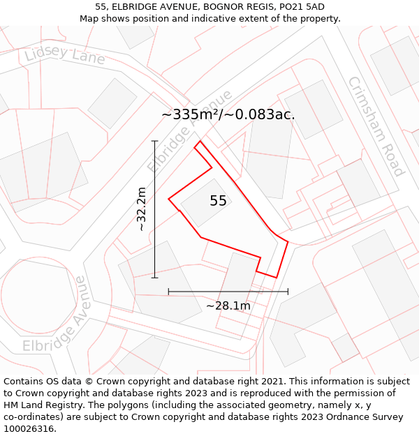 55, ELBRIDGE AVENUE, BOGNOR REGIS, PO21 5AD: Plot and title map