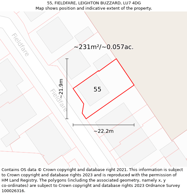 55, FIELDFARE, LEIGHTON BUZZARD, LU7 4DG: Plot and title map