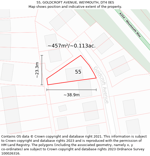 55, GOLDCROFT AVENUE, WEYMOUTH, DT4 0ES: Plot and title map