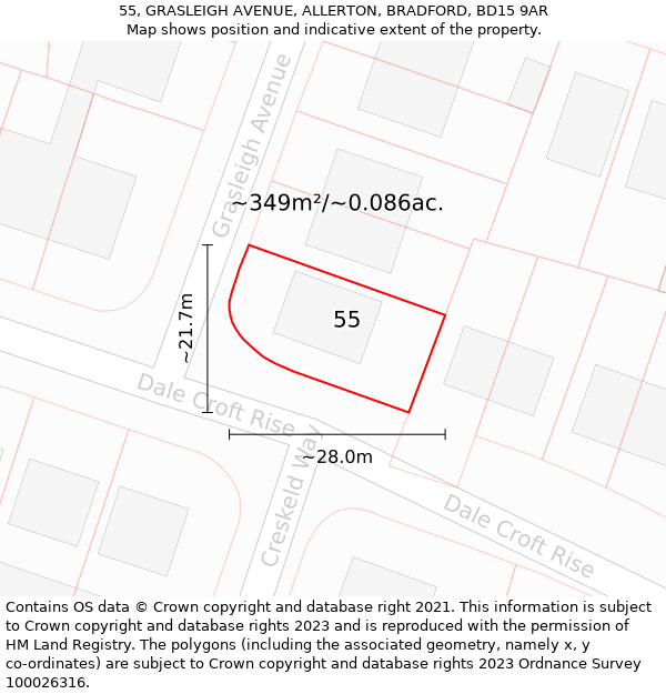 55, GRASLEIGH AVENUE, ALLERTON, BRADFORD, BD15 9AR: Plot and title map