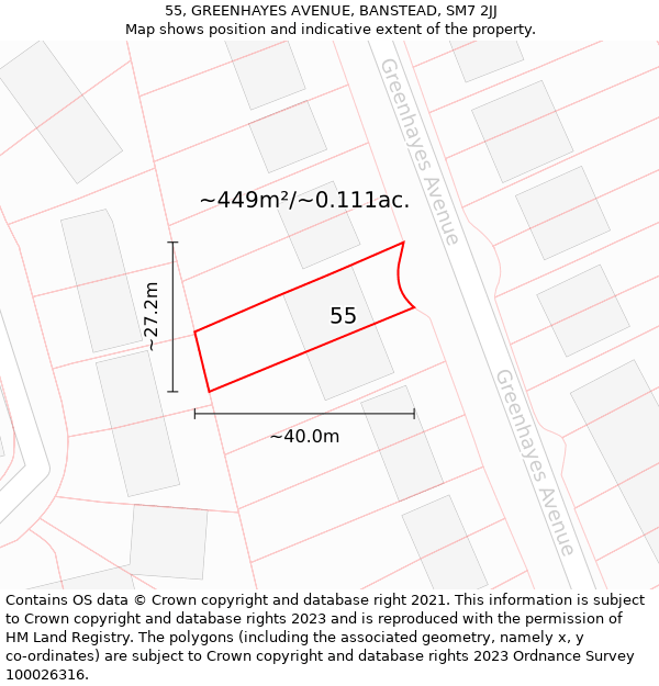 55, GREENHAYES AVENUE, BANSTEAD, SM7 2JJ: Plot and title map