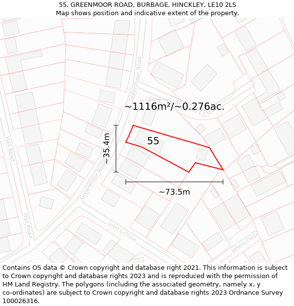 55, GREENMOOR ROAD, BURBAGE, HINCKLEY, LE10 2LS: Plot and title map