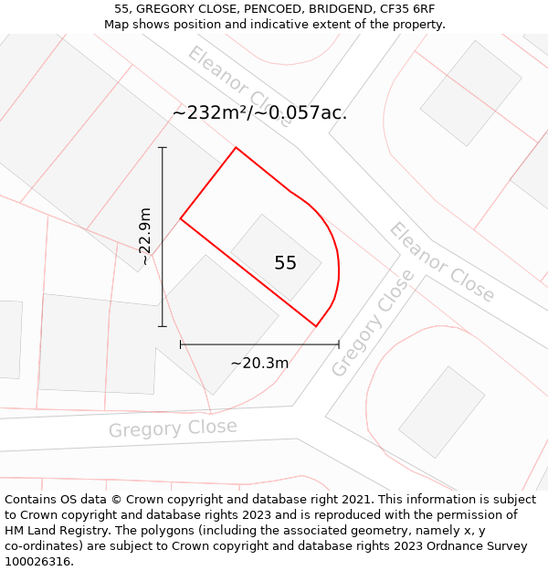 55, GREGORY CLOSE, PENCOED, BRIDGEND, CF35 6RF: Plot and title map