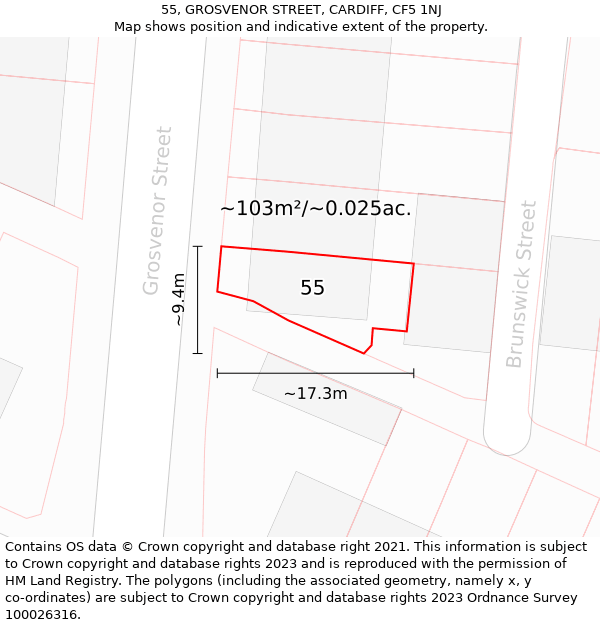55, GROSVENOR STREET, CARDIFF, CF5 1NJ: Plot and title map