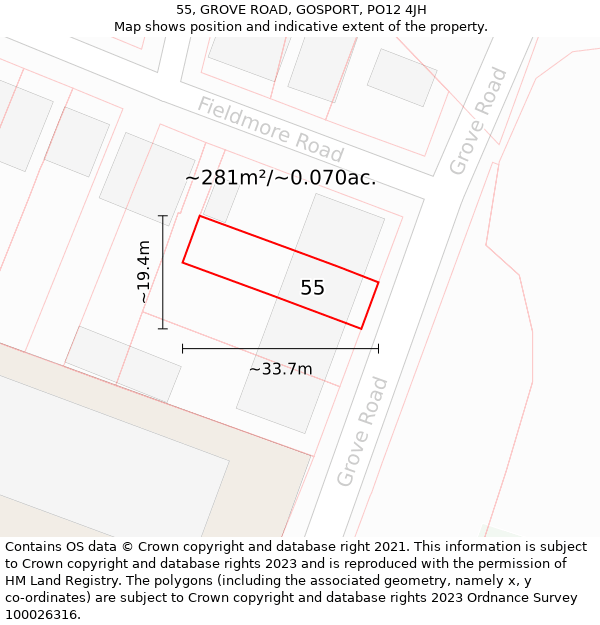 55, GROVE ROAD, GOSPORT, PO12 4JH: Plot and title map